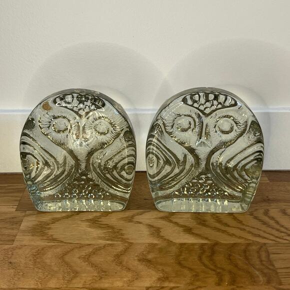 Vintage Pilgrim Glass Owl Bookends Pair MCM Mid Century Modern Birds Paperweight - Picture 2 of 4